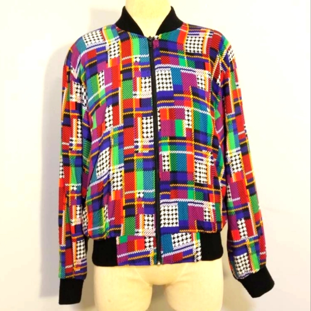 RAINBOW GEOMETRIC WINDBREAKER JACKET VINTAGE COAT HOUNDSTOOTH 90S RETRO UNISEX